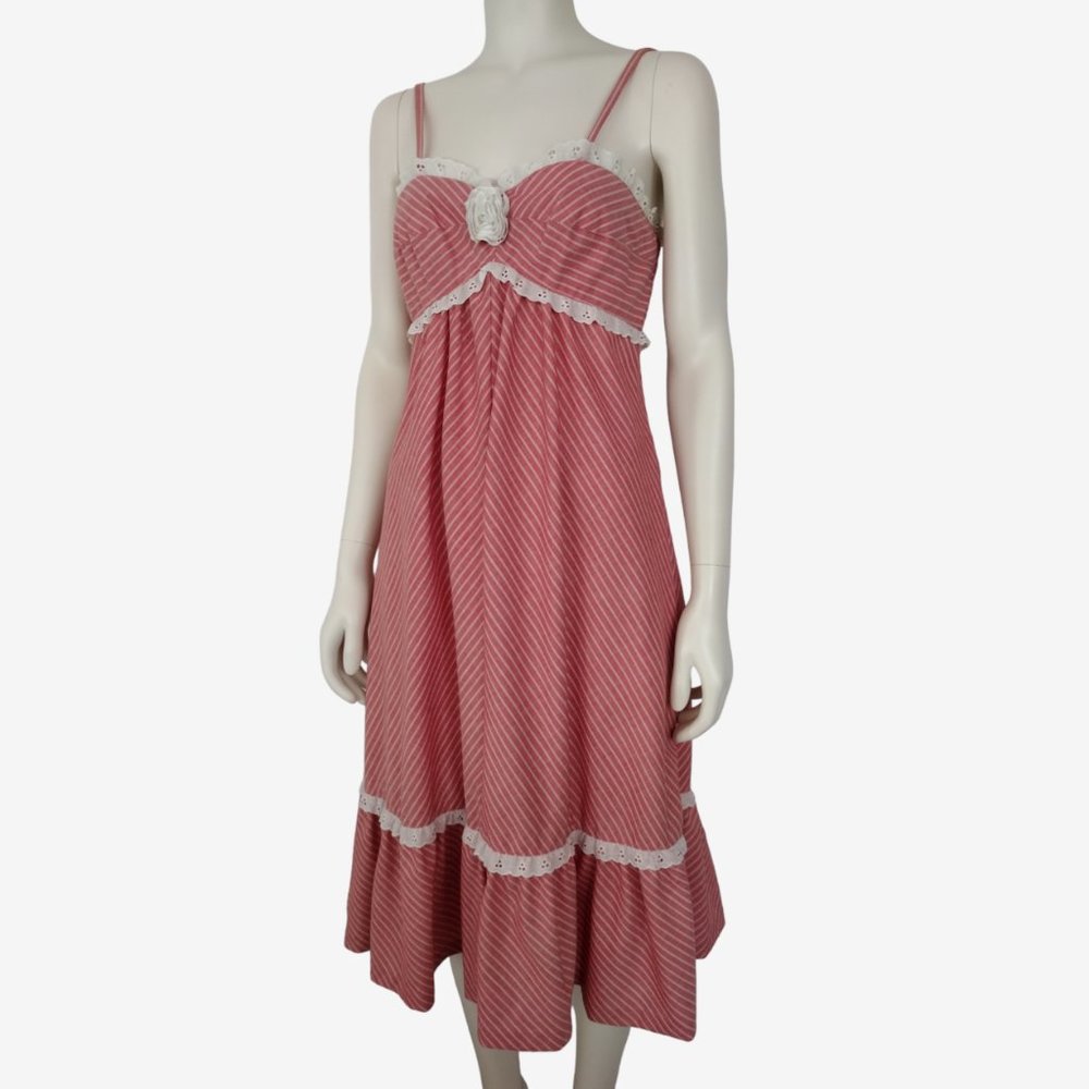 Vintage 1970s Jody T Pink Striped Empire Waist Ruffled Hem Midi Dress - Picture 6 of 11